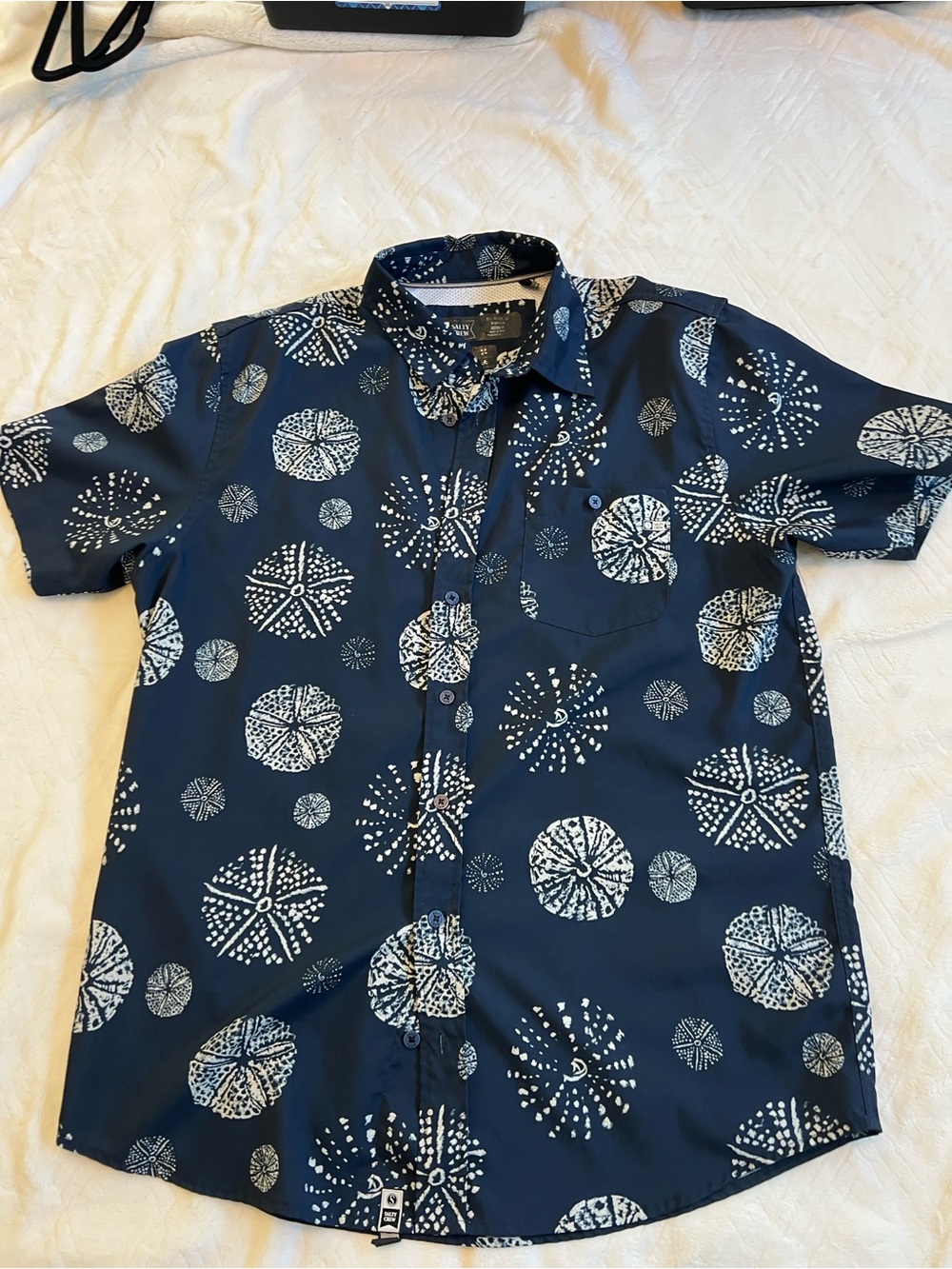 Salty Crew Navy Button-Down Shirt with White Sand Dollar Print